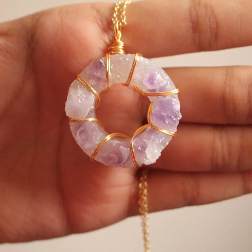 Raw Amethyst Circle Pendant Necklace – Gold Wire Wrapped - Picture 6 of 8
